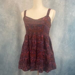 Forever 21 Burgundy and Navy Patterned Mini Dress XS Bohemian Paisley Sleeveless